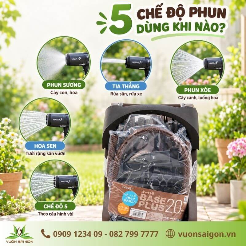 Vòi Tưới Cây Takagi Aurora Base Plus 20m: Chống Xoắn, 5 Chế Độ Phun 3