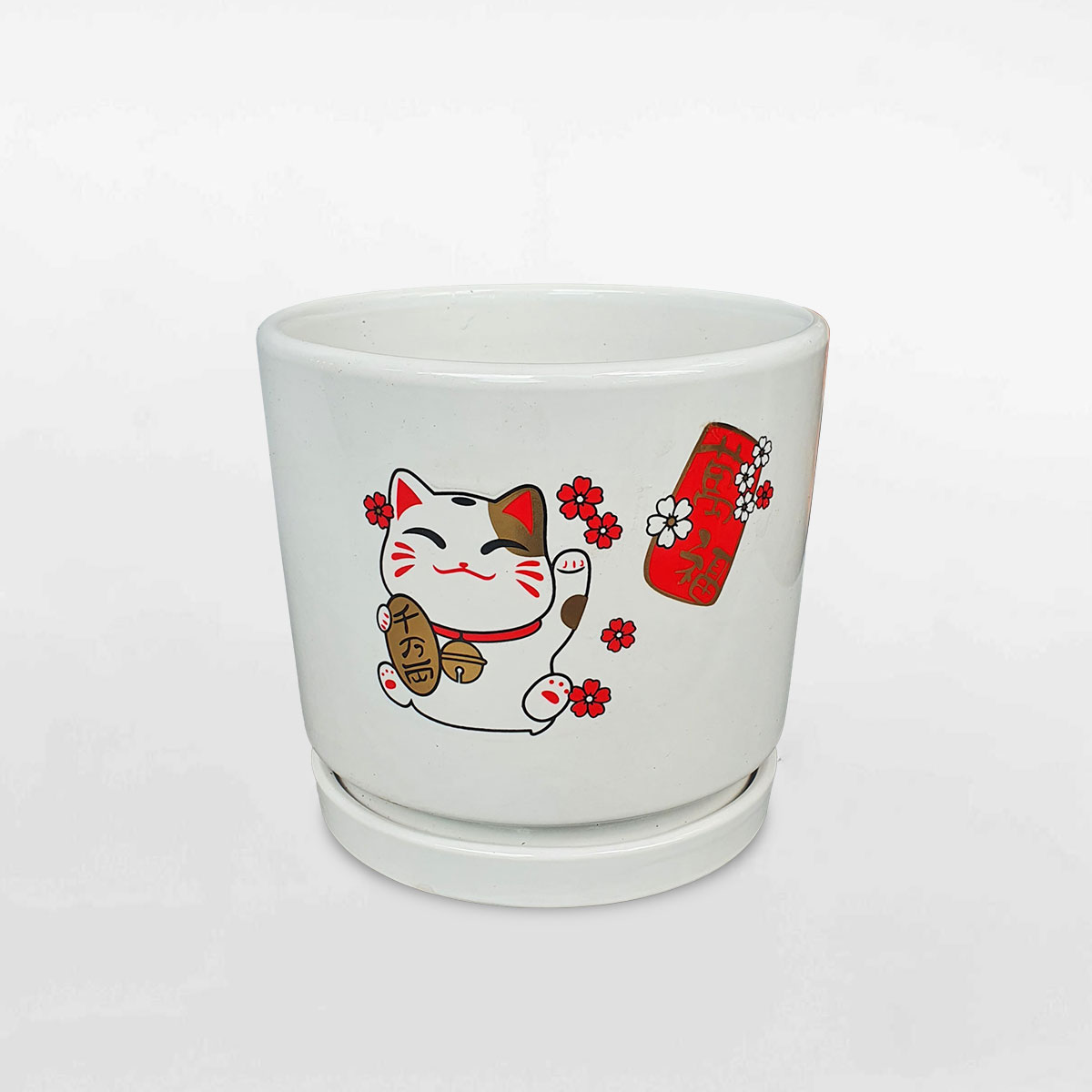 Chậu gốm sứ hình mèo thần tài có đĩa 14x14cm GOSU015