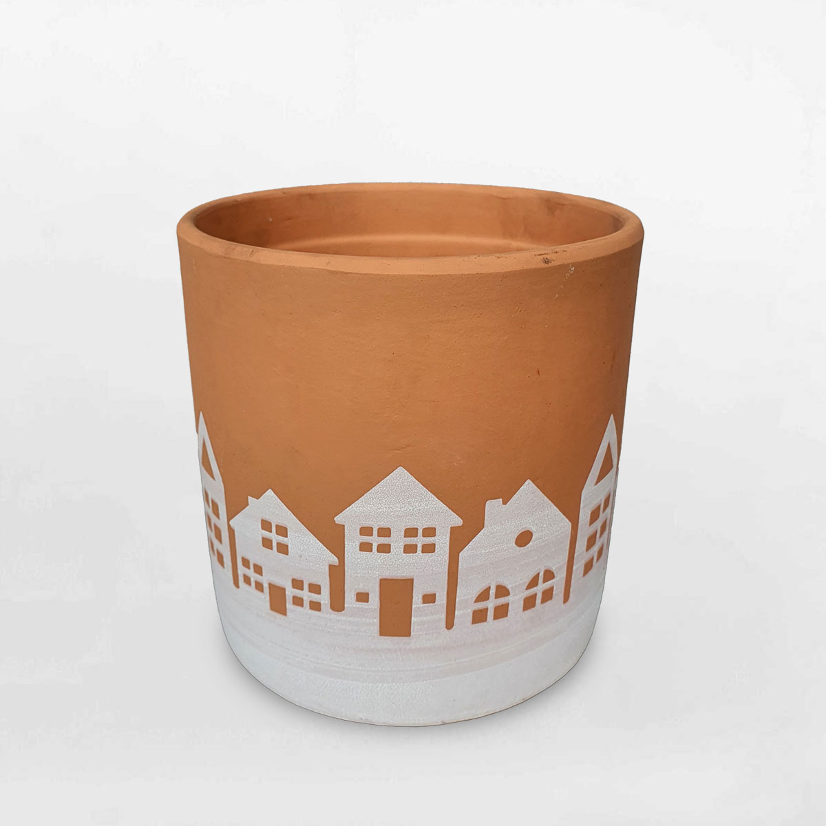 Chậu đất nung hình trụ sơn ngôi nhà 16x16cm DANU092