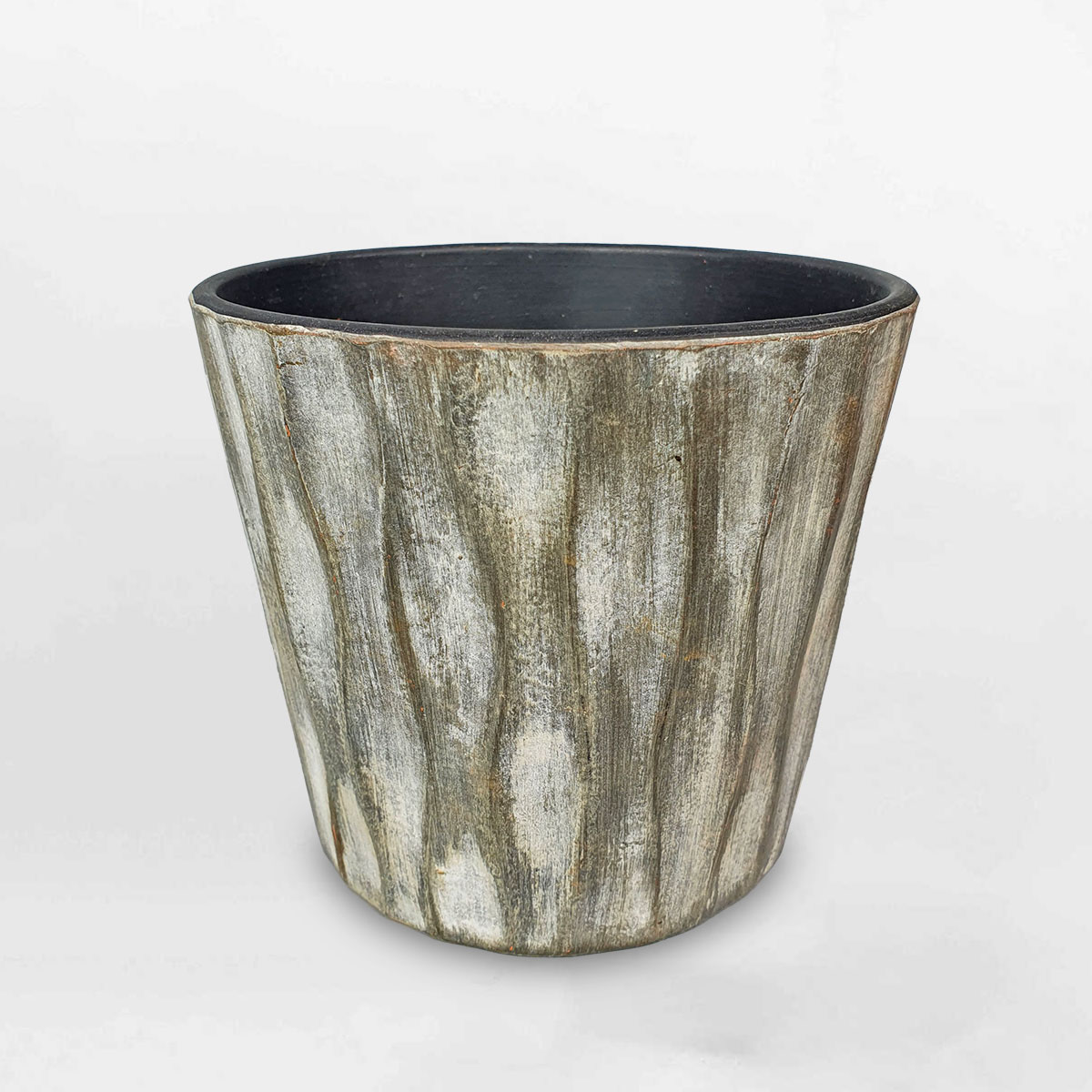Chậu đất nung vát đáy gân sóng wax xám 14x13cm DANU082