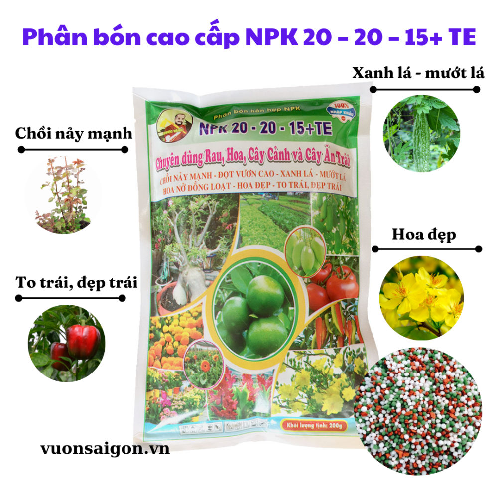 Phân bón cao cấp NPK 20 – 20 – 15+ TE Cây Cuốc Vàng 2