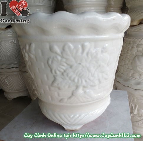 Chậu Ba Chân Men Trắng Tròn Tứ Quý (Cao: 42cm – Ms:04839)