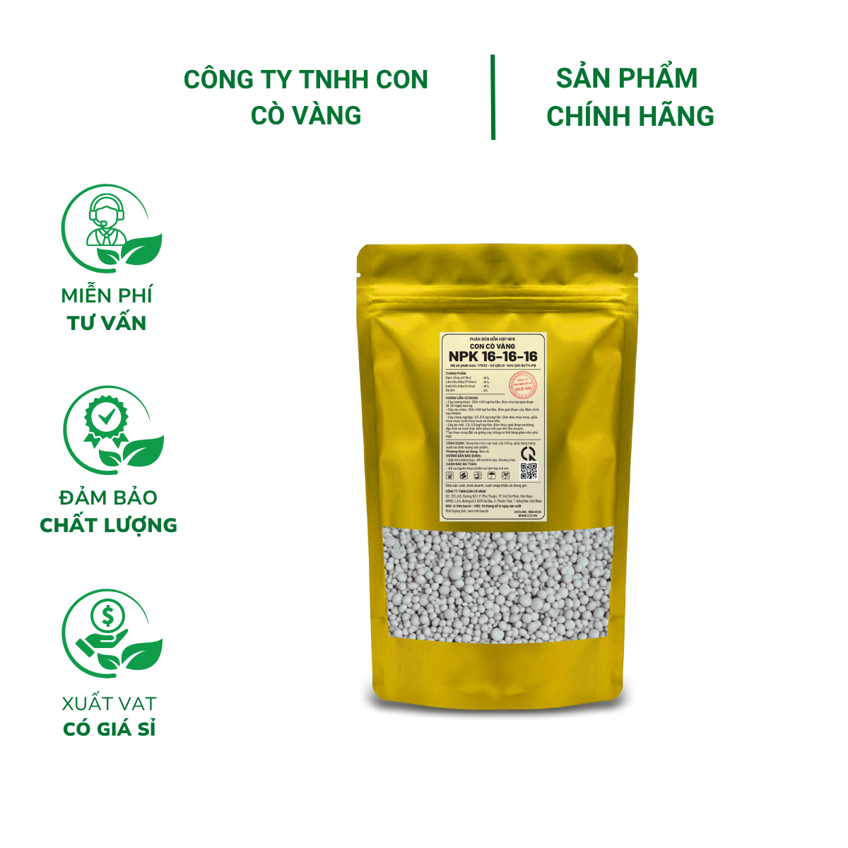 Phân bón NPK 16-16-16 Con Cò Vàng - Túi 1kg