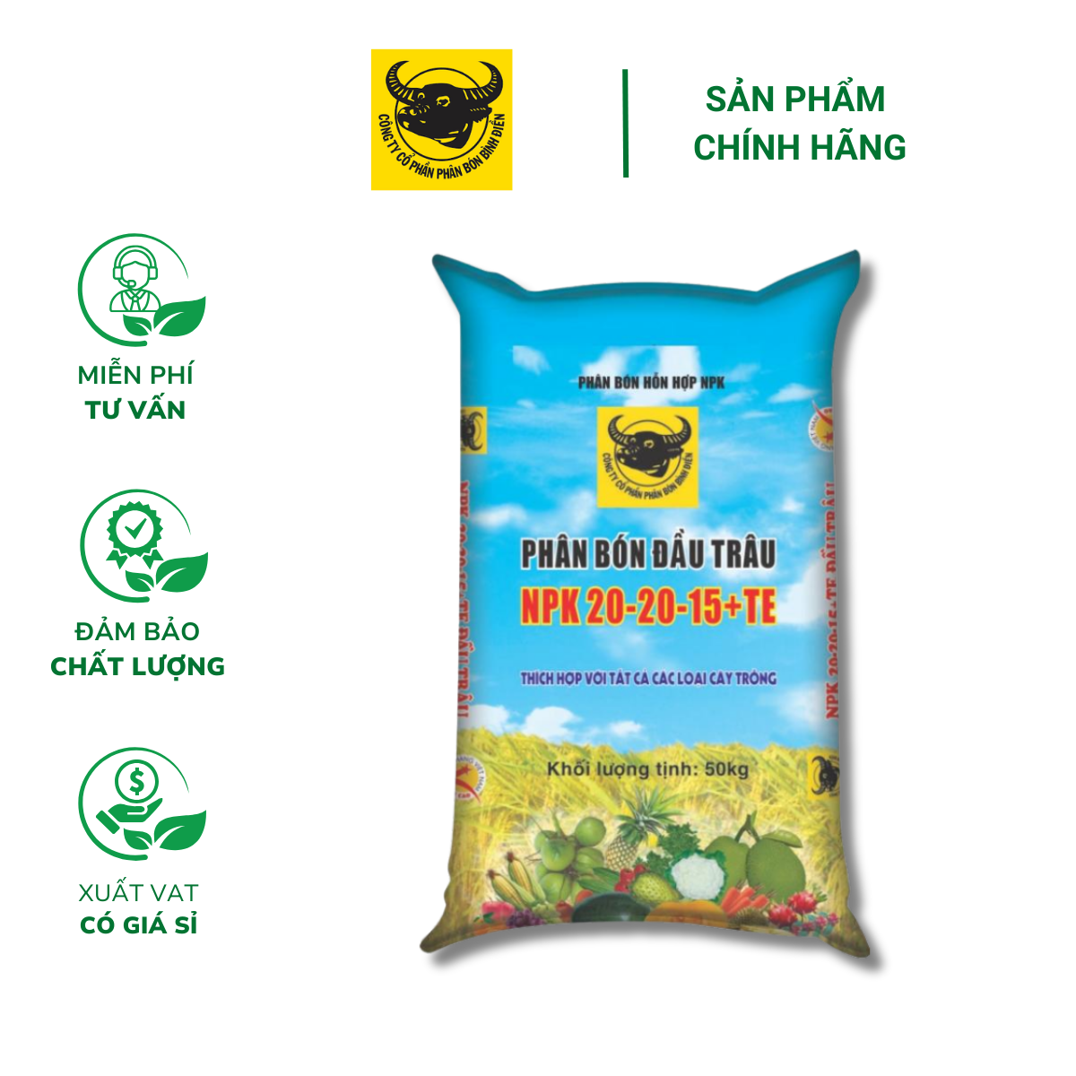 Phân NPK Đầu Trâu 20-20-15+TE (Bao 50kg) – Tăng năng suất, chất lượng cây trồng