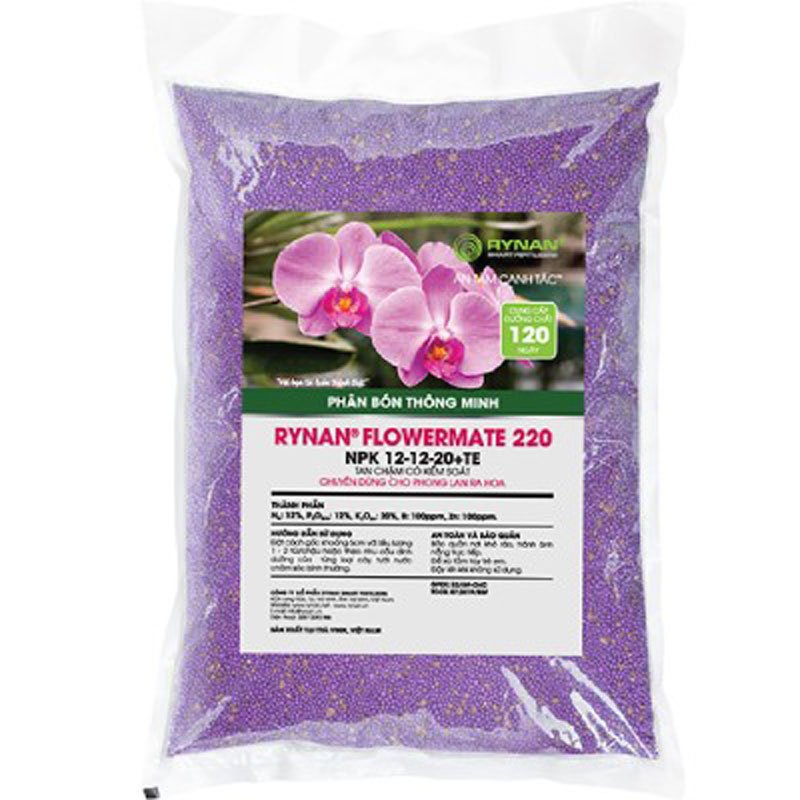 Phân Bón Thông Minh Rynan Flowermate 220 NPK 12-12-20+TE - Tan Chậm Có Kiểm Soát - Chuyên Dùng Cho Phong Lan Ra Hoa - Hũ 150gr