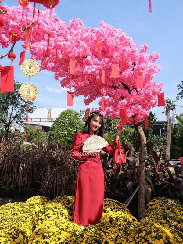 Cây Hoa Đào Lụa Dáng Huyền Trang Trí