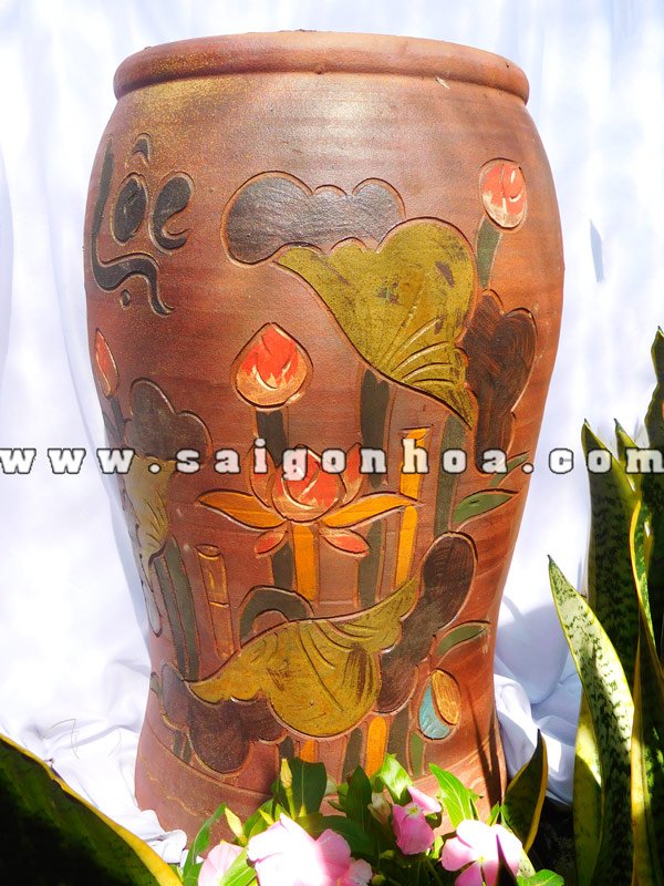 Chậu Gốm Đỏ-Chậu Đất Nung Hoa Văn Nổi Cao 50cm