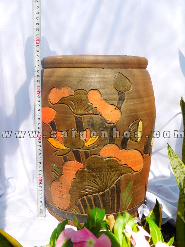 Chậu Gốm Đỏ-Chậu Đất Nung Hoa Văn Nổi Cao 36cm