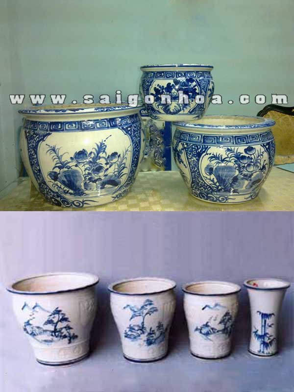 Chậu Gốm Sứ Trắng Hoa Văn Xanh Mỹ Nghệ