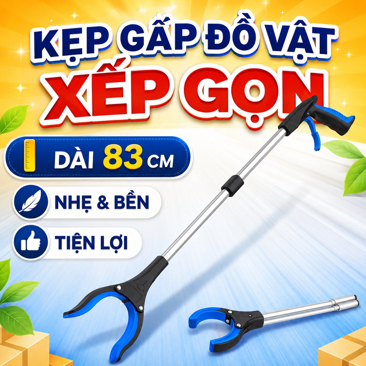 Kẹp gắp đồ vật xếp gọn ( dài 83cm ) gập lại 2 đoạn hợp kim nhôm nhẹ chắc chắn