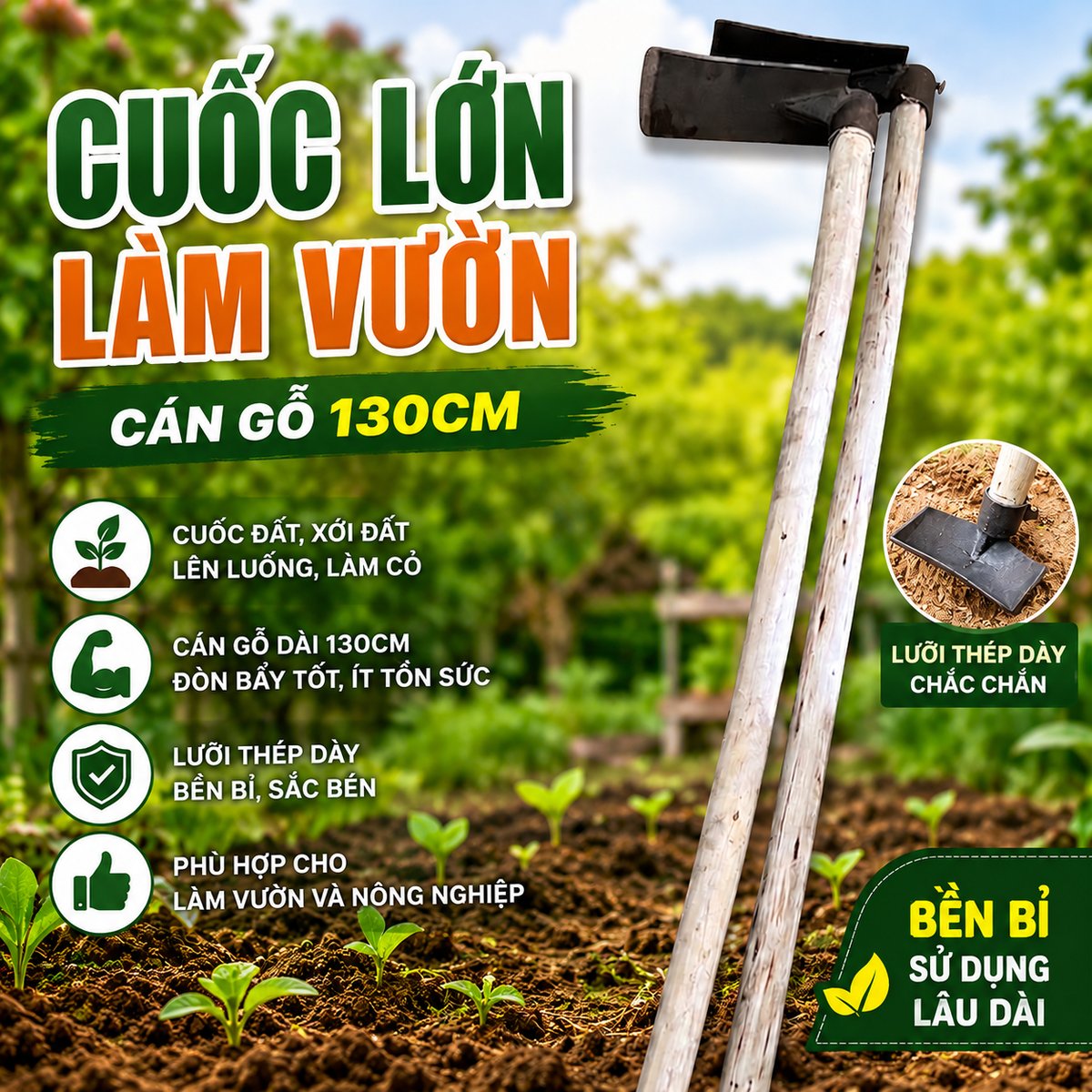Cuốc lớn làm vườn cán gỗ 130cm