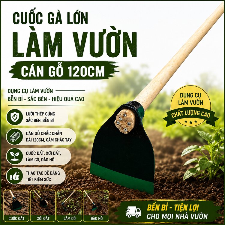 Cuốc gà lớn làm vườn cán gỗ 120cm