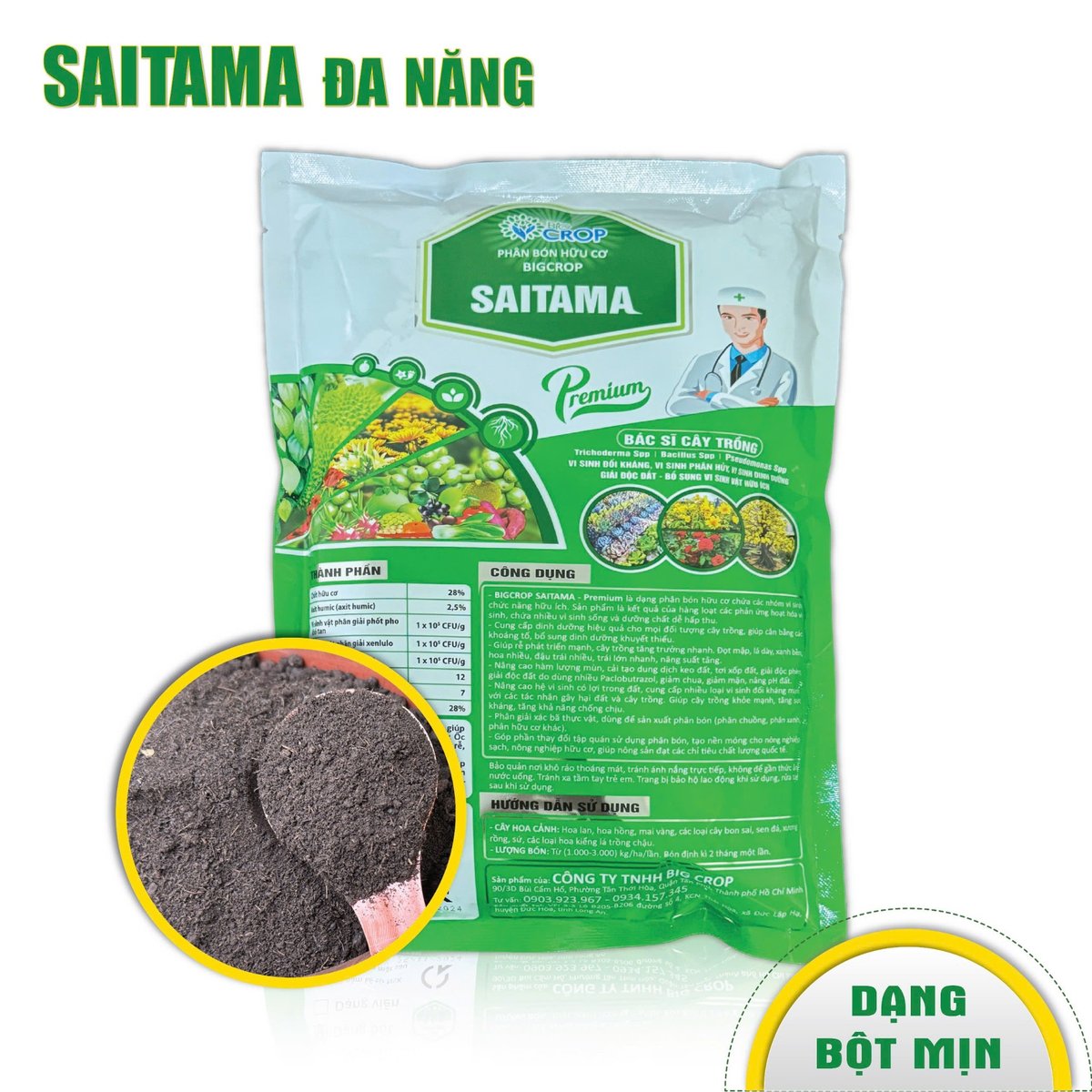 Goc247 - Phân Bón Hữu Cơ Vi Sinh (DẠNG BỘT) Dùng Cho Cây Cảnh, Hoa Mai, Hoa Hồng, Rau, Cây Trồng Đất- Saitama 1kg/gói
