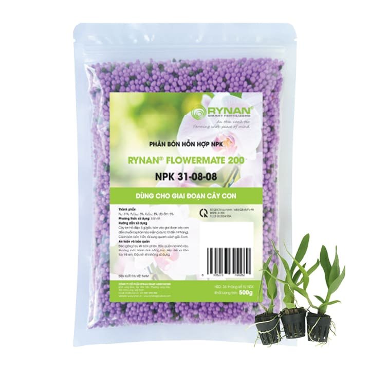 Phân Tan Chậm Rynan 200 NPK 31-08-08, Túi 500gr