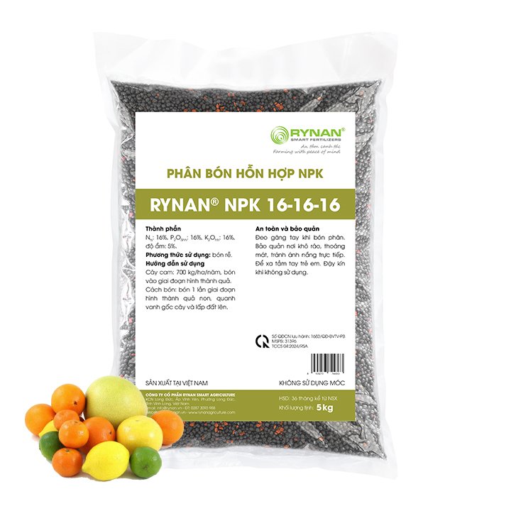 Phân tan chậm Rynan NPK 16-16-16 Cho Cây Có Múi – Bao 5Kg