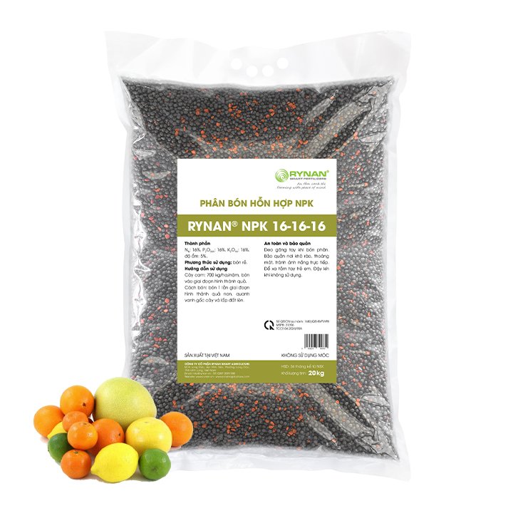 Phân tan chậm Rynan NPK 16-16-16 Cho Cây Có Múi – Bao 20Kg