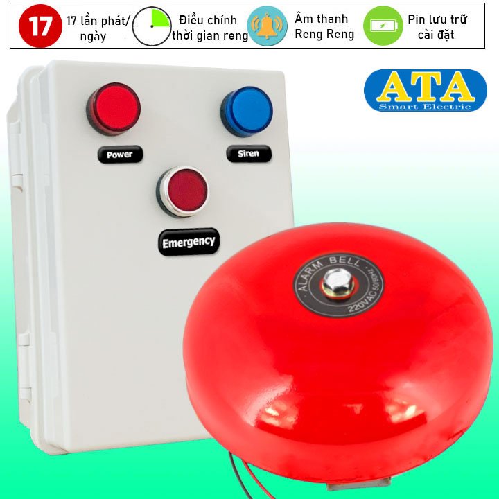 Tủ điều khiển chuông điện hẹn giờ tự động reng nhà xưởng ATA BCR-05 (17 lần phát/ngày)(Tùy chọn kích thước chuông lớn nhỏ)(có nút nhấn khẩn cấp)(pin sạc lưu cài đặt, tránh mất điện)(linh kiện đạt chuẩn, độ bền cao)(công suất lớn, dùng được nhiều chuông)