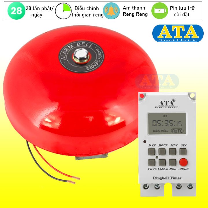 Thiết bị hẹn giờ chuông điện 220v reng reng báo giờ tự động ATA BCR-04 (28 lần reo chuông/ngày)(Tùy chọn kích thước chuông lớn nhỏ)(tự động và thủ công)(đồng hồ LCD điện tử chính xác từng giây, có pin lưu trữ chương trình cài đặt, tránh mất(ngắt điện)(có đèn báo)