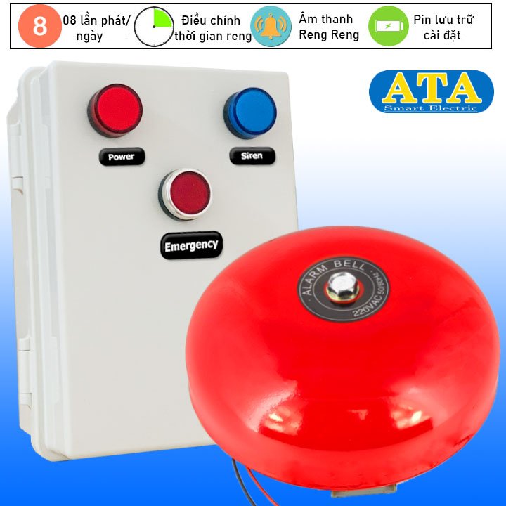 Bộ điều khiển chuông hẹn giờ tự động ATA BCR-03 (8 lần phát/ngày)(Tùy chọn kích thước chuông lớn nhỏ)(có nút nhấn khẩn cấp)(pin sạc lưu cài đặt, tránh mất điện)(linh kiện đạt chuẩn, độ bền cao)(công suất lớn, dùng được nhiều chuông)