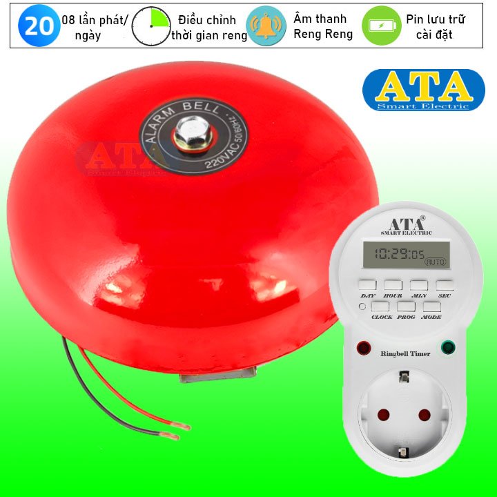 Bộ chuông reo báo giờ làm việc tự động ATA BCR-02 (20 lần reo chuông/ngày)(Tùy chọn kích thước chuông lớn nhỏ)(tự động và thủ công)(đồng hồ LCD điện tử chính xác từng giây, có pin lưu trữ chương trình cài đặt, tránh mất(ngắt điện)(có đèn báo)