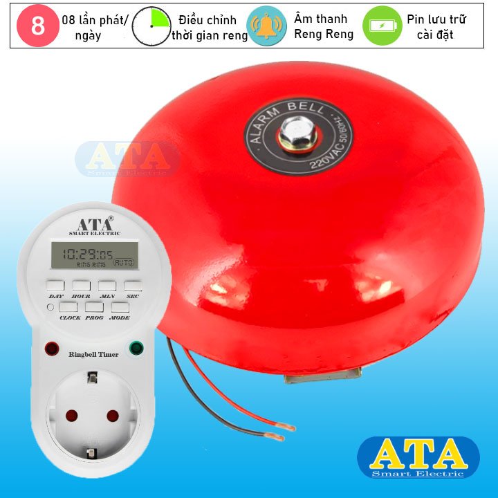 Bộ chuông hẹn giờ tự động ATA BCR-01 (8 lần reo chuông/ngày)(Tùy chọn kích thước chuông lớn nhỏ)(tự động và thủ công)(đồng hồ LCD điện tử chính xác từng giây, có pin lưu trữ chương trình cài đặt, tránh mất(ngắt điện)(có đèn báo)