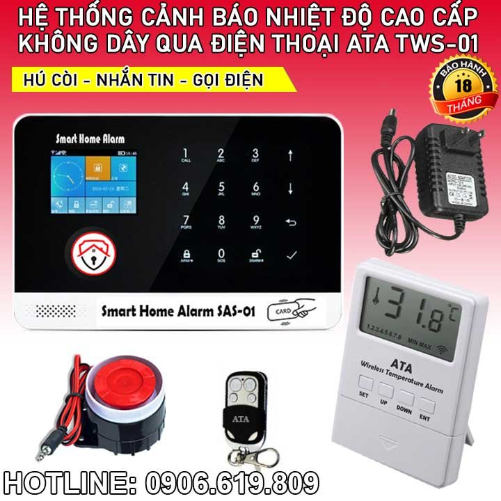 Hệ thống cảnh báo cháy nhiệt độ không dây qua điện thoại ATA TWS-01 (Gọi điện, nhắn tin, hú còi inh ỏi)(Cài được mức nhiệt độ báo động)(Cảnh báo mất, có điện)