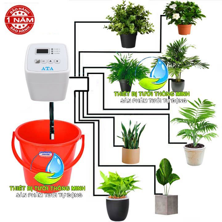 Máy tưới cây ban công không nguồn nước hẹn giờ tự động ATA FL-10 20 vòi tưới 2 động cơ bơm (Máy bơm dùng pin – dùng điện)
