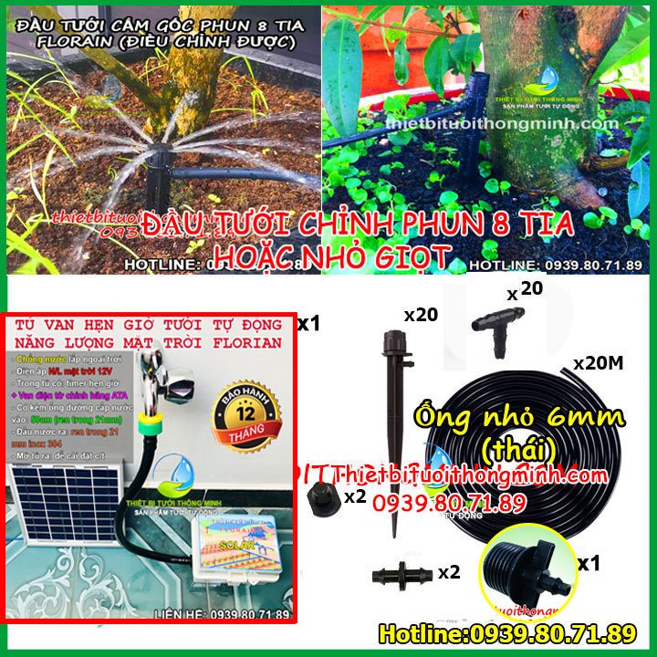 Bộ tưới cây nhỏ giọt tự động năng lượng mặt trời FLorain Mã: NG-14 (Dùng Pin NLMT không cần pin, điện)(Tủ chống nước lắp ngoài trời)(B/H 12T)(S/P chính hãng ATA ổn định, bền bỉ)(Đầu tưới chỉnh nhỏ giọt, chảy nước, phun 8 tia)(Dây chờ cấp nước 1m lắp đặt dễ)(Tặng 5m dây từ tấm về và bộ tự động)