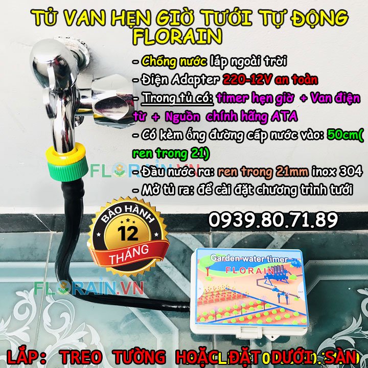 Hộp điều khiển van tưới cây hẹn giờ tự động FLorain chống nước Mã: FL-02 (Chống nước lắp ngoài trời)(B/H 12T, ổn định, bền bỉ)(Có pin sạc lưu chương trình cài đặt)(Kèm 1m dây chờ nguồn nước cấp)(Lắp đặt dễ dàng)(Điện áp Adapter 220-12V an toàn)