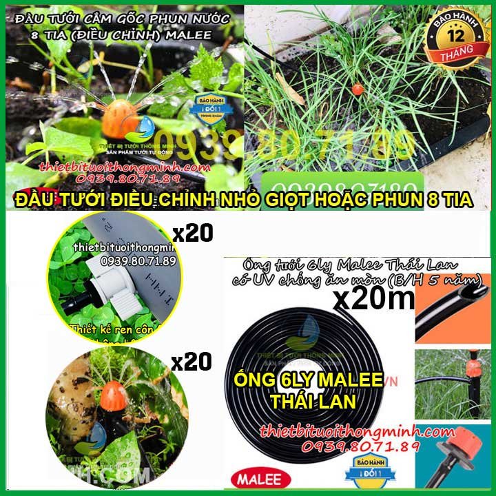 Bộ tưới nước cắm gốc 8 tia 20 béc tưới ren vặn ống cứng PVC Malee thái lan Model: NG-PVC-2  (Đầu tưới chỉnh được: siết khóa, nhỏ giọt nhanh chậm, chảy nước, phun 8 tia nước)(Ren vặn kết nối PVC giảm 6ly gắn đầu tưới)