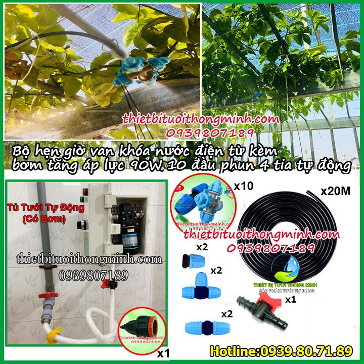 Tủ tưới phun sương hẹn giờ máy bơm tự động tưới cây 10 đầu béc 4 tia Florain (điện áp 220-12V an toàn)(Bảo hành 12 tháng 1 đổi 1) (bơm áp lực 90W 9L/P)(Phụ kiện tưới thái lan có UV)