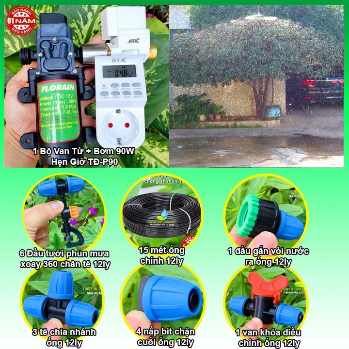 Trọn bộ tự động phun mưa 360 độ tưới nước cho cây trên giàn hẹn giờ ATA FM-B1 (Phụ kiện, ống Thái Lan – Bảo hành 1 năm)