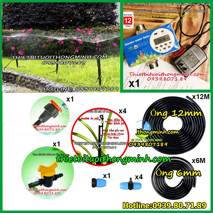 Trọn bộ kit máy hẹn giờ tưới nước dùng điện phun mưa 360 độ cắm gốc 50cm Malee thái lan (Đầu tưới chỉnh được, phun tưới đều từ trong ra ngoài)(B/H 12T 1 đổi 1)(Điện 220-12V an toàn)(Phụ kiện tưới thái lan)