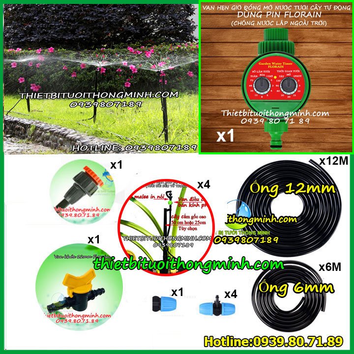 Bộ kit tưới nước tự động dùng pin phun mưa 360 độ cắm gốc 50cm Malee thái lan MÃ: PM-06 (Đầu tưới chỉnh được)(Đầu tưới điều từ trong ra ngoài)(Phụ kiện tưới thái lan)