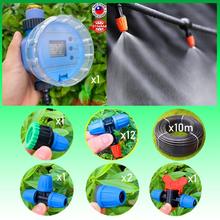 Máy tưới cây dùng pin hẹn giờ tưới lan phun sương 12 béc 1 cửa FLorain FS-04 (Phụ kiện, ống Thái Lan – Bảo hành 1 năm)