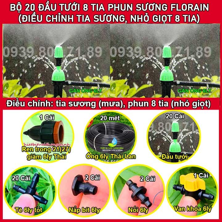 Bộ kit tưới cây 20 đầu béc phun nước 8 tia phun sương cắm gốc Florain (Đầu tưới 2 chế độ điều chỉnh được)