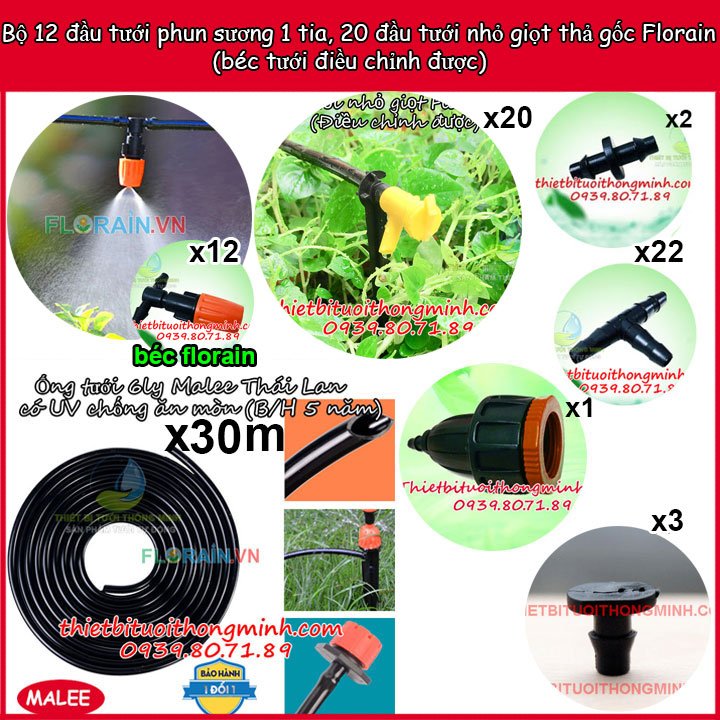 Bộ kit tưới cây nhà phố 20 đầu nhỏ giọt 12 đầu tưới phun sương 1 tia Florain (Đầu tưới điều chỉnh được)(Ống dẫn chính 6ly)