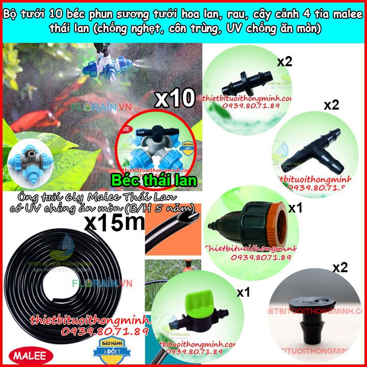 Bộ tưới cây phun sương đơn giản 10 đầu béc 4 tia malee thái lan Model: FS-02 tưới hoa lan, rau (Phụ kiện tưới thái lan nhựa cao cấp)(Có UV chống lão hóa độ bền cao)(B/H 12T)(chống nghẹt, chống côn trùng)