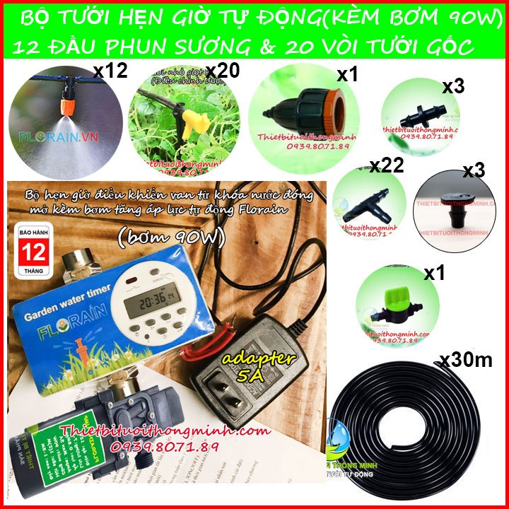 Máy hẹn giờ tưới cây thông minh 12 đầu béc phun sương 1 tia 20 đầu thả gốc có bơm Florain