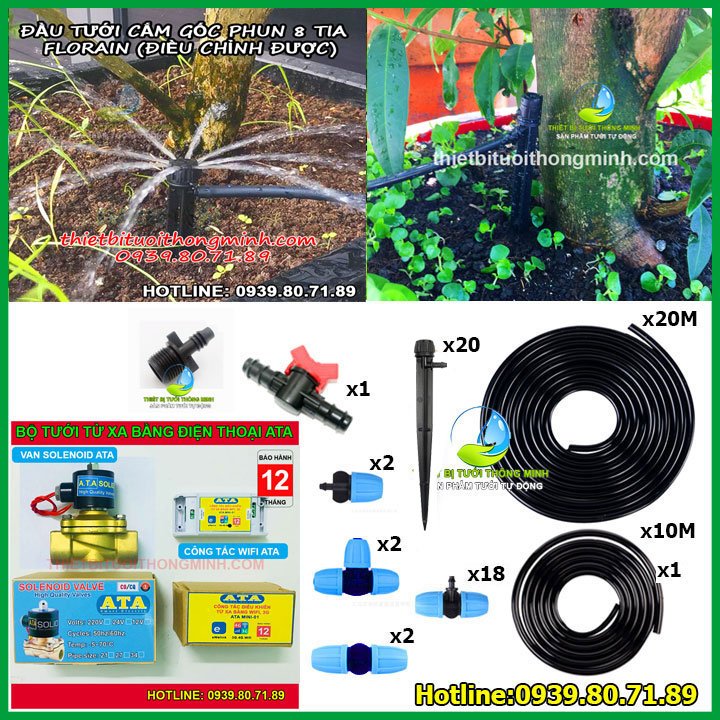 Thiết bị tưới cây bằng điện thoại wifi 20 đầu 8 tia tưới gốc Florain (có hẹn giờ)(đầu tưới chỉnh được)(B/H 12T 1 đổi 1)(Phụ kiện tưới thái lan)(Siết khóa chống bung)(Ống chính 12ly, ống nhánh 6ly)