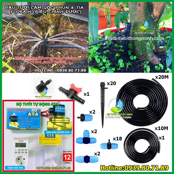 Thiết bị tưới cây tự động 20 đầu tưới gốc 8 tia phun nước Florain (Đầu tưới chỉnh được)(B/H 12T 1 đổi 1)(Phụ kiện tưới thái lan khóa chống bung)(Ống chính 12ly, nhánh 6ly)