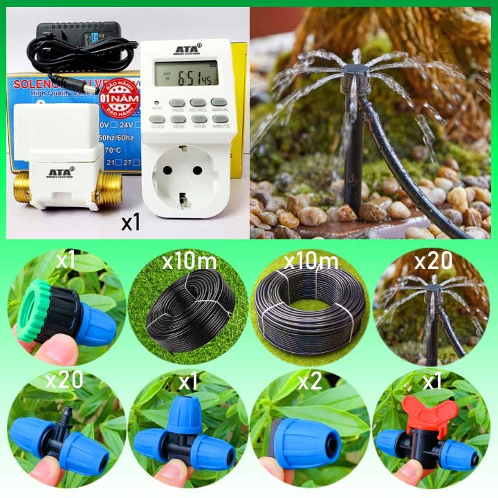 Bộ hẹn giờ tưới tự động 20 đầu nhỏ giọt phun nước 8 tia ATA B5 (Phụ kiện, ống Thái Lan – Bảo hành 1 năm)