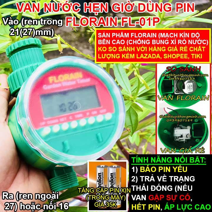 Máy hẹn giờ tưới cây tự động dùng pin Florain FLP-01 (Tặng kèm pin xịn)(Sản phẩm van in chất lượng cao, bền bỉ)(Mạch van đúc nguyên khối)