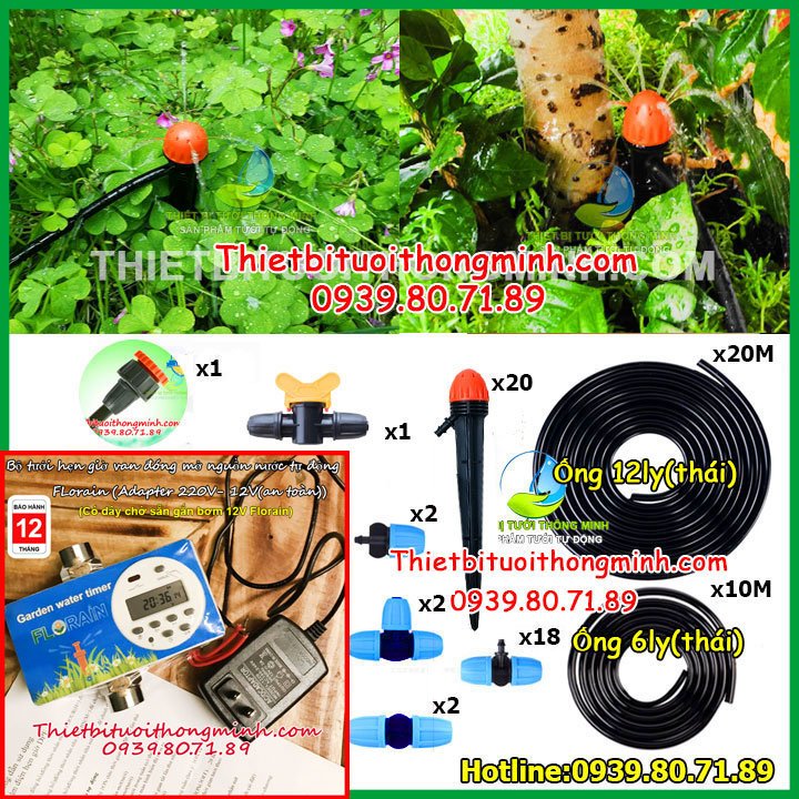 Máy tưới cây tự động hẹn giờ phun nước 8 tia Florain 20 đầu béc tưới (Đầu tưới chỉnh được)(B/H 12T 1 đổi 1)(Điện 220- 12V an toàn)(Phụ kiện tưới thái lan)(Ống chính 12ly, nhánh 6ly))