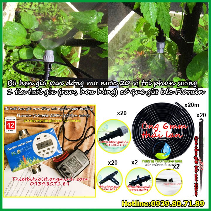 Bộ phun sương tưới rau tự động van nước hẹn giờ Florain 20 béc tưới  (siêu bền, an toàn điện 220-12V, bảo hành 12 tháng)