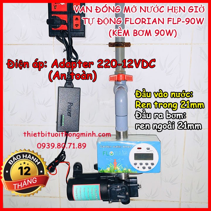 Thiết bị hẹn giờ máy bơm nước van hẹn giờ khóa nước tự động tưới cây mini Florain (Bơm 90W 9L/P)(Điện 220-12V an toàn)(B/H 12T 1 đổi 1)