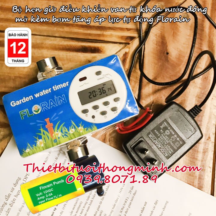 Bộ máy hẹn giờ tưới cây đóng mở van tự động kèm bơm tăng áp lực mini Florain (Bơm 60W 6L/P)(Điện 220-12V an toàn)(B/H 12T 1 đổi 1)(Đầu vào ren trong 21m, ra ống 6-8mm)