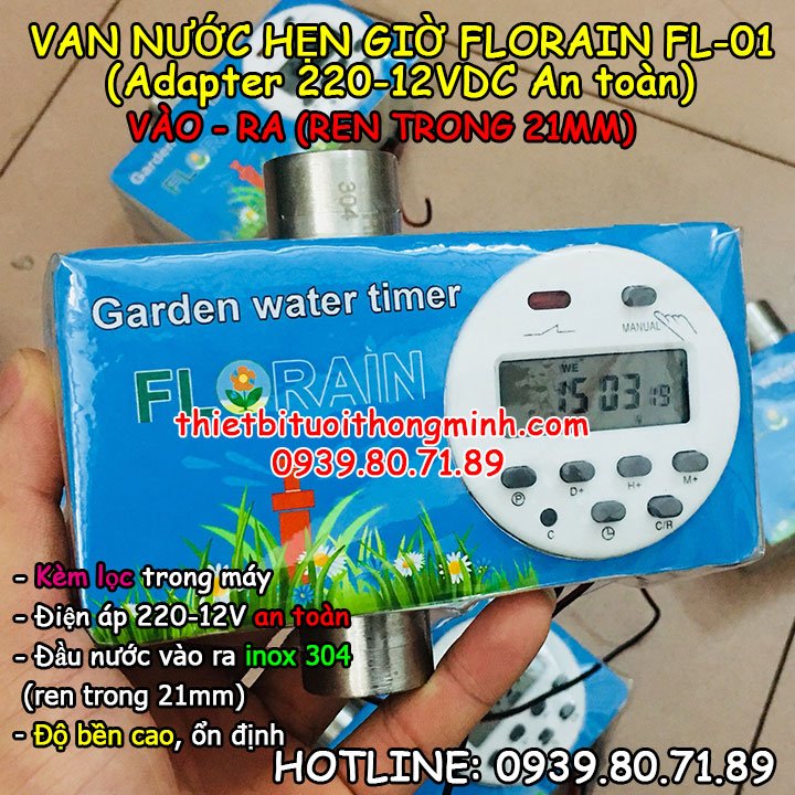 Máy tưới cây tự động van nước hẹn giờ đóng mở tự động Florain (Điện áp 220-12V an toàn)(Kèm nguồn theo máy)(B/H 12T 1 đổi 1)(Hoạt động siêu bền, ổn định)