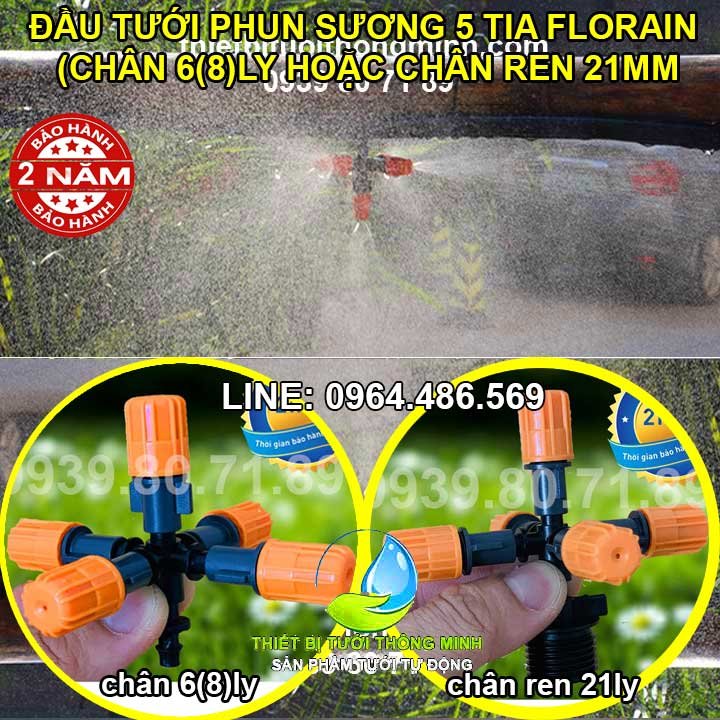 Đầu vòi tưới lan 5 tia cam chân 6mm 8mm, chân ren ngoài 21mm Florain (Bảo hành 2 năm)