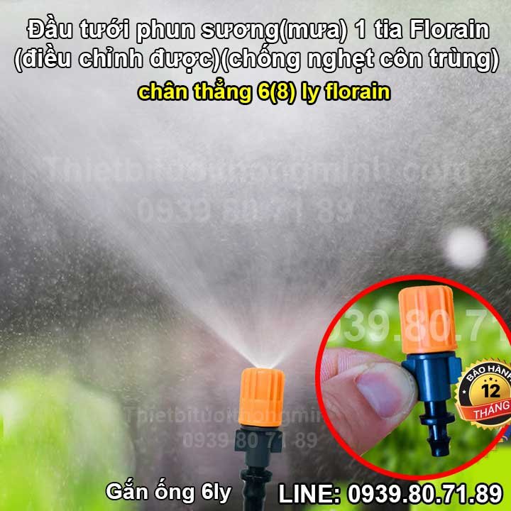Đầu vòi tưới lan 1 tia cam chân thẳng 6mm 8mm Florain (PHUN XÒE HÌNH NÓN 120 ĐỘ)(0-1M)